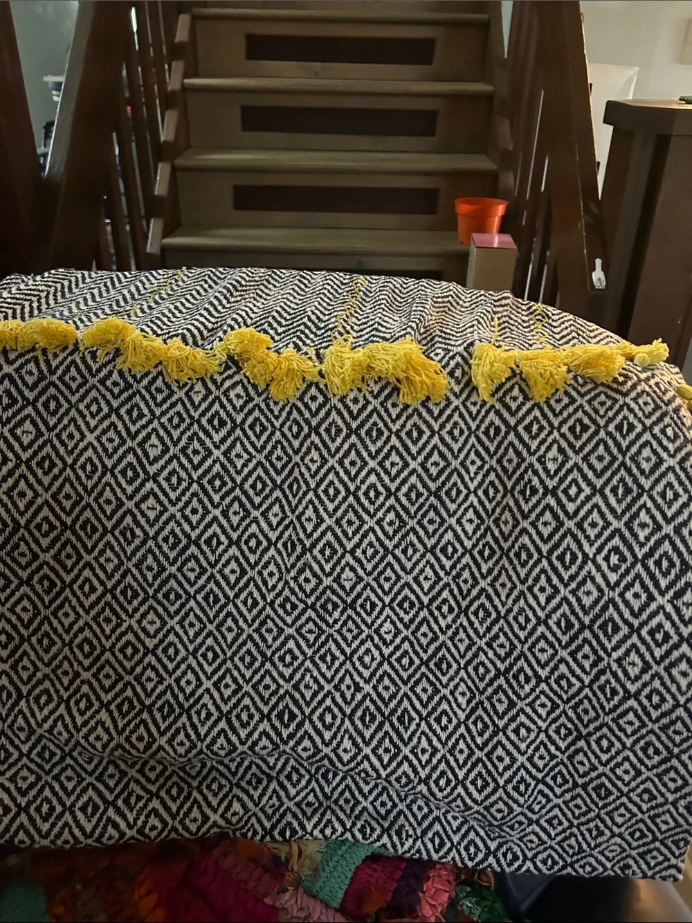 Large Navy  & White Diamond Throw Blanket with Yellow Tassels NWOT